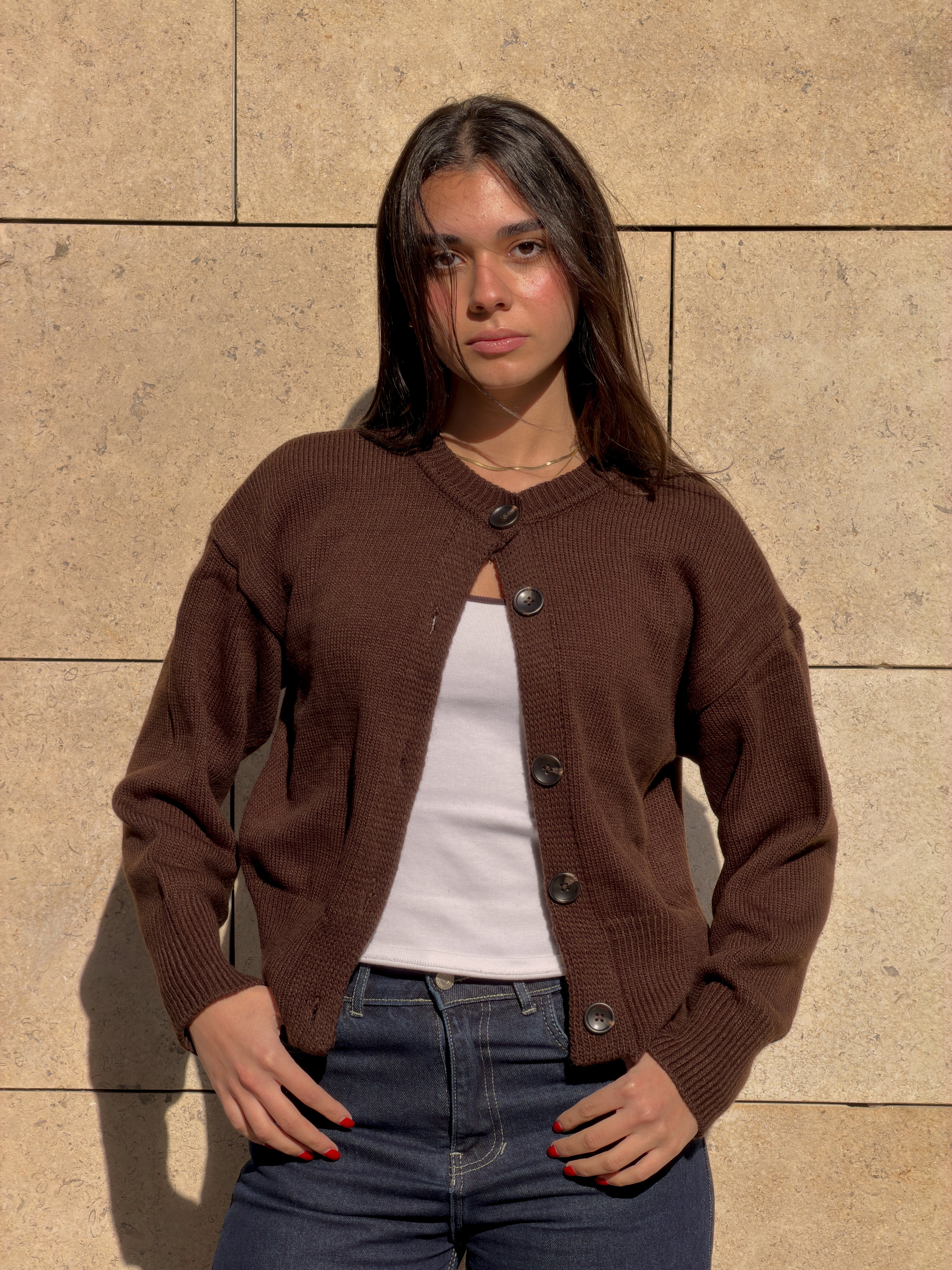 Brown Buttoned Knit Cardigan