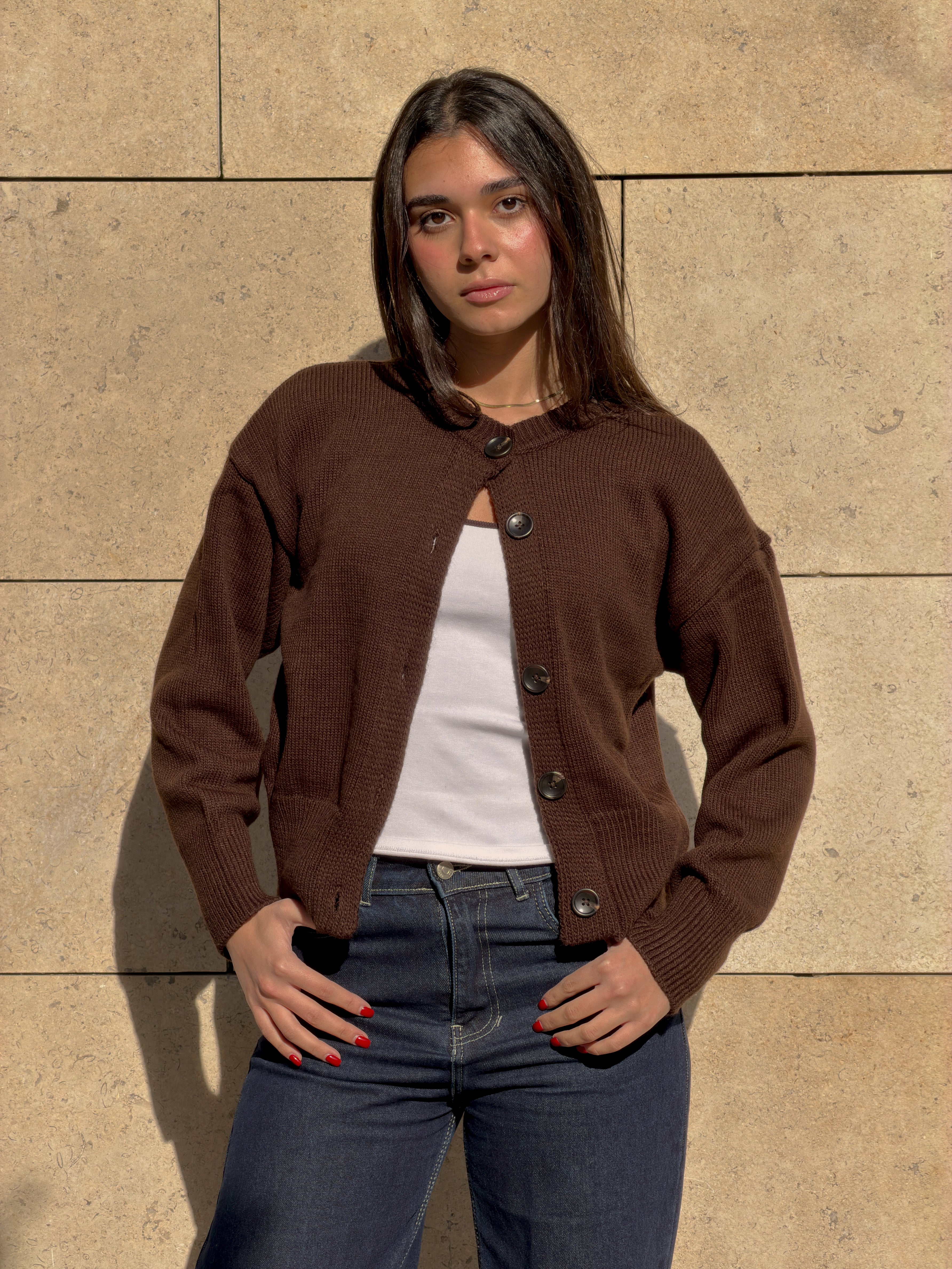 Brown Buttoned Knit Cardigan