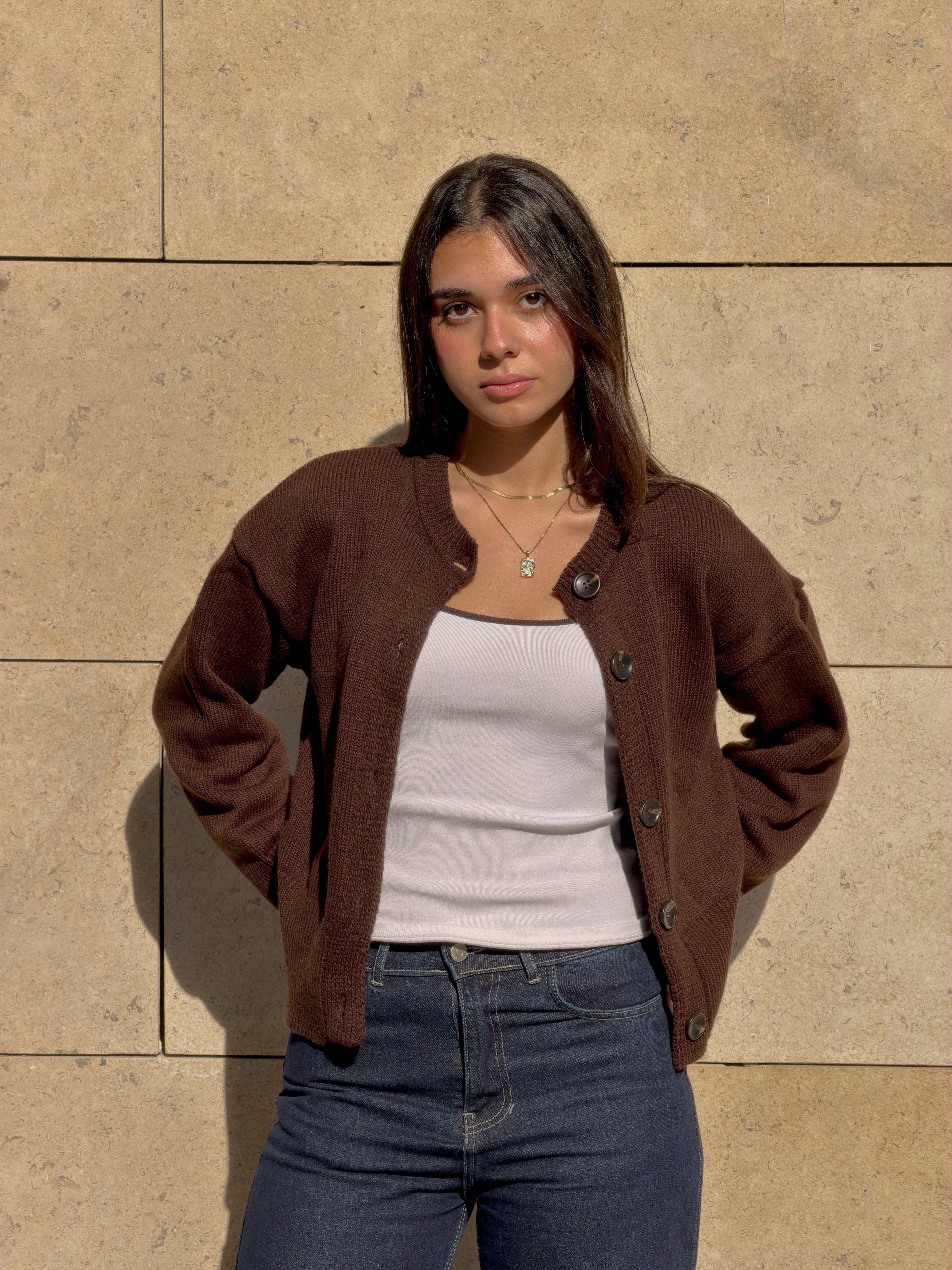 Brown Buttoned Knit Cardigan