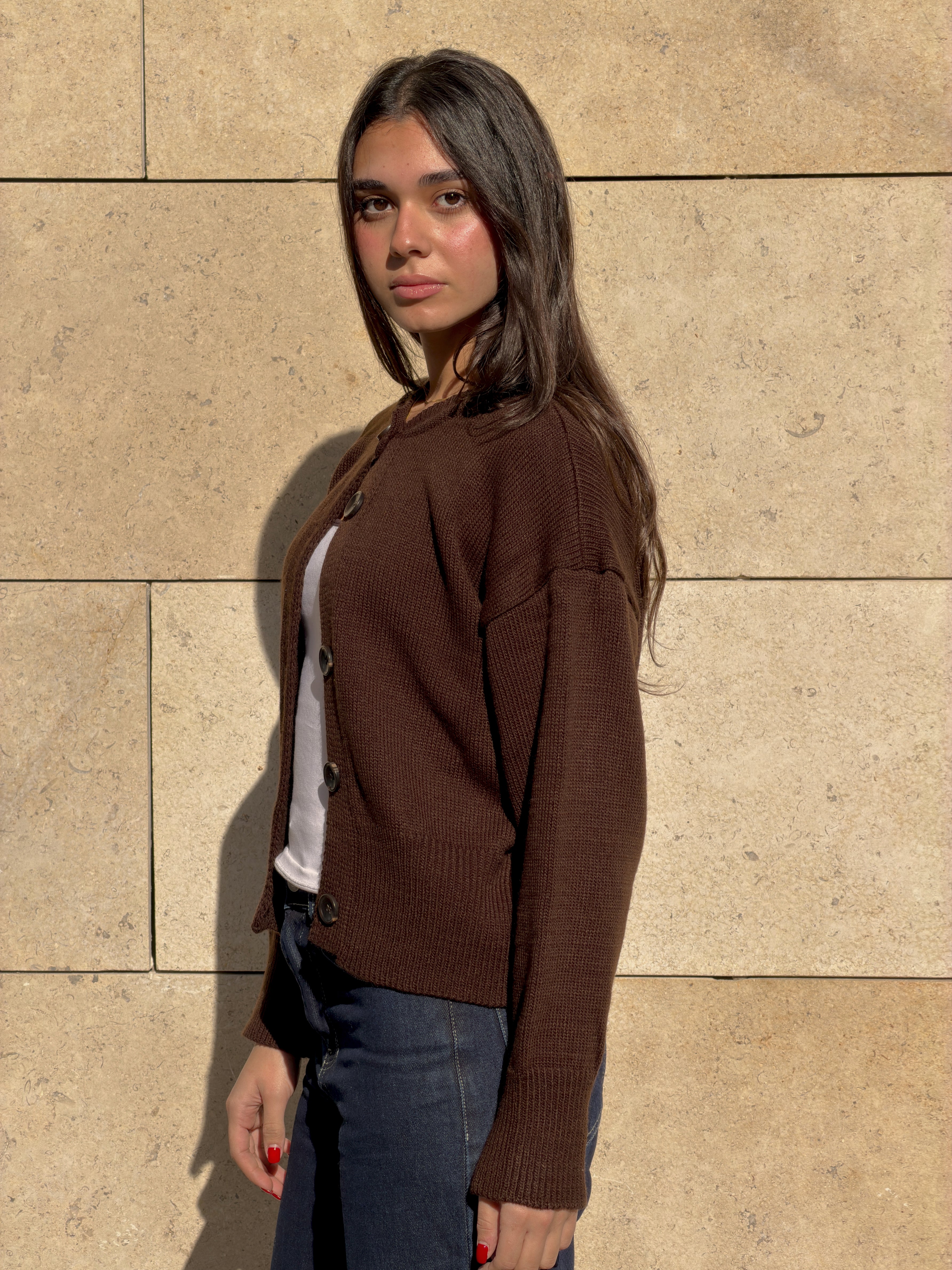 Brown Buttoned Knit Cardigan